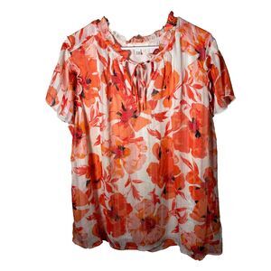 Haven + Blair Blouse Women's 2X Metallic Floral V-Neck Ruffle Short Sleeve Top